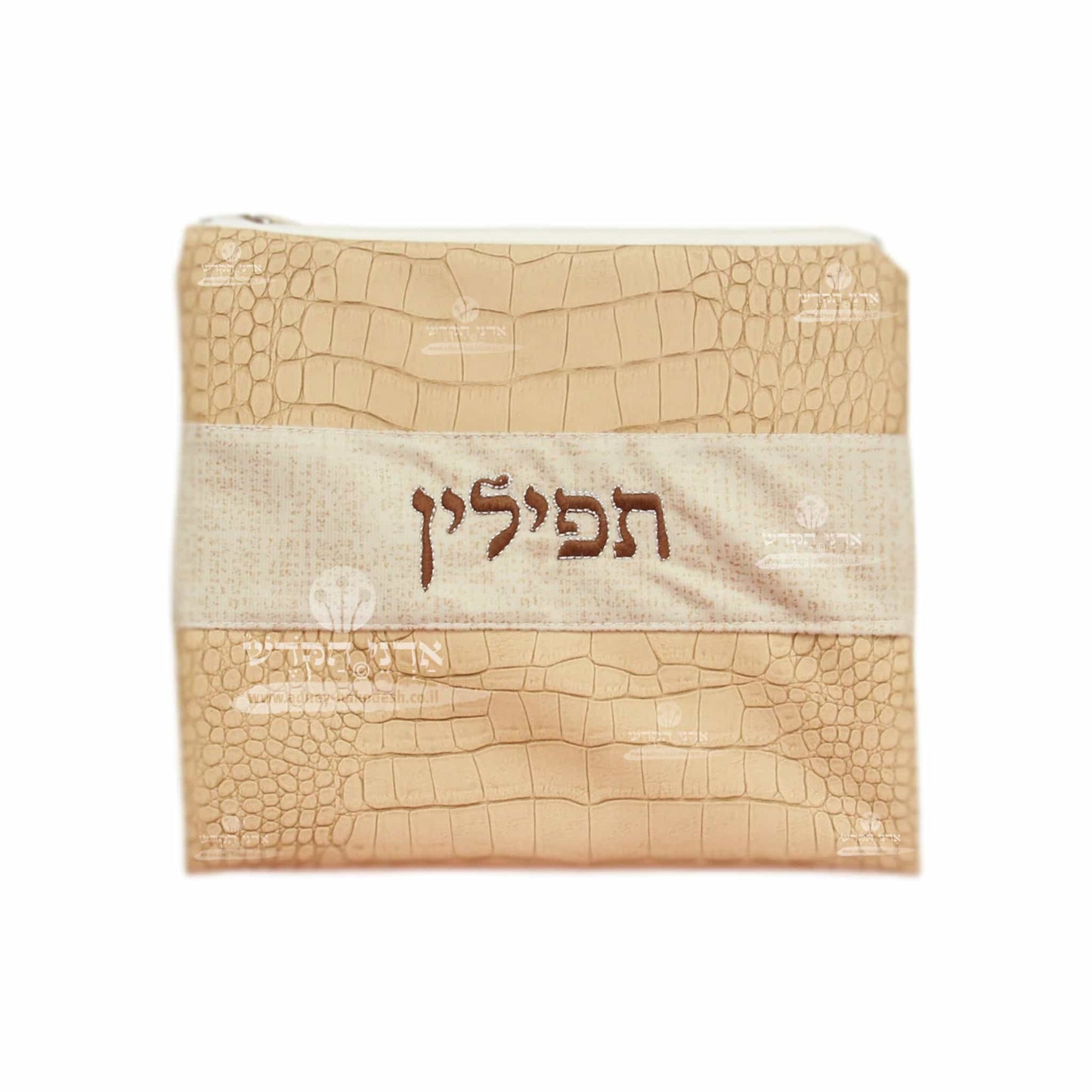 סט נרתיקים לטלית ותפילין - דמוי עור בגוון חום בהיר ושמנת עם כיתוב רקום