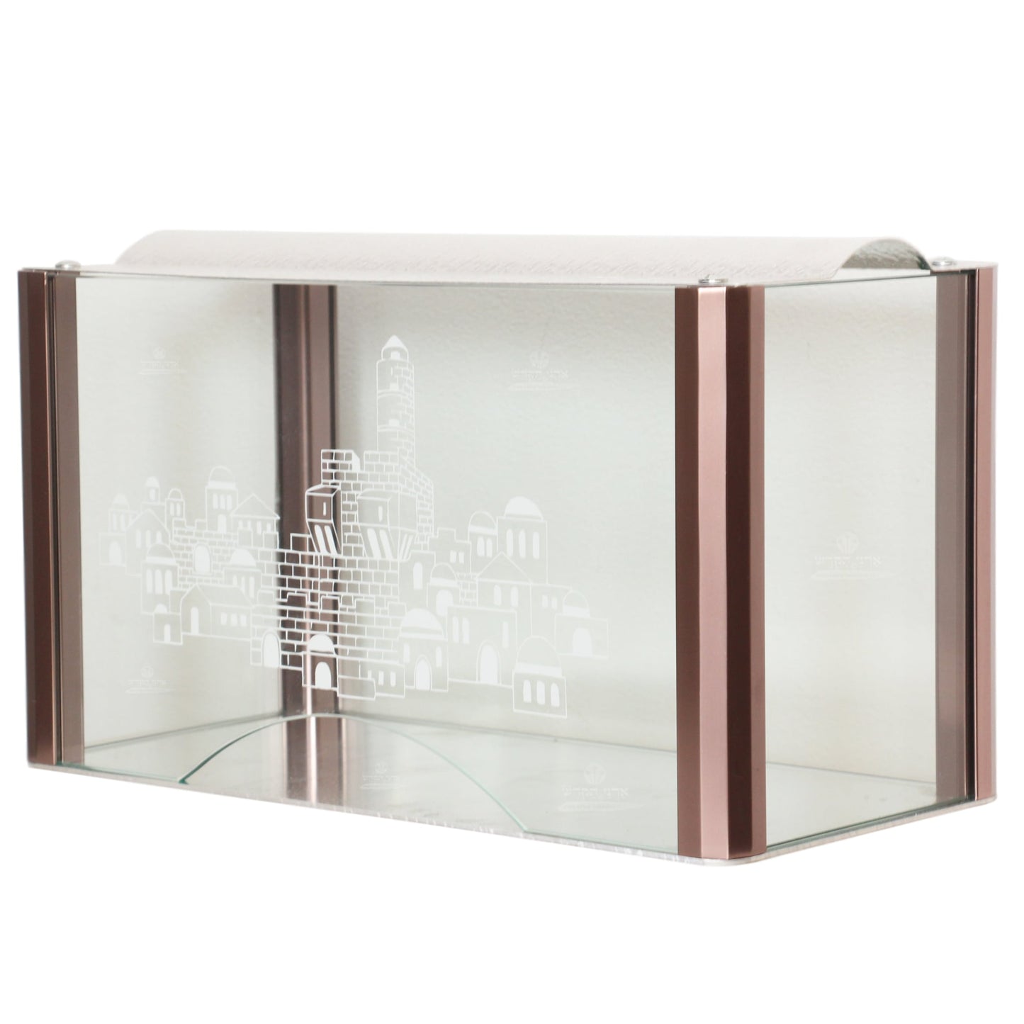 Deluxe Aluminum and Glass Hanukkiah Case with Jerusalem Etching - Copper