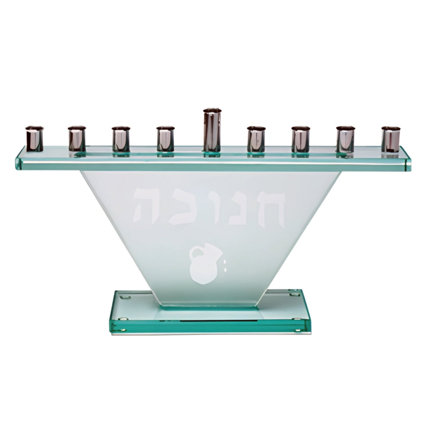 Triangular Glass Hanukkah Menorah in Silver with Oil Jug Decoration